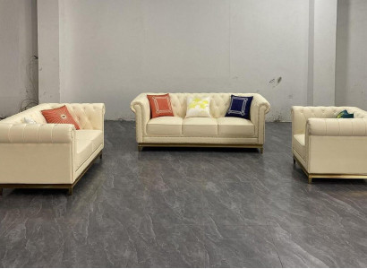 Chesterfield Sofa Couch Garnitur Sofagarnitur Couchen Möbel Blau 3tlg.